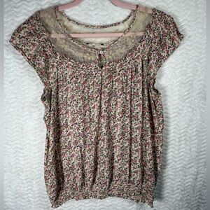 Floral Lace-Yoke Short Sleeve 100 % Cotton Blouse - Pink Cream.